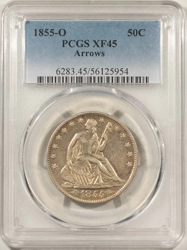 1855-O SEATED LIBERTY HALF DOLLAR ARROWS - PCGS XF-45, LOOKS ABOUT UNCIRCULATED!