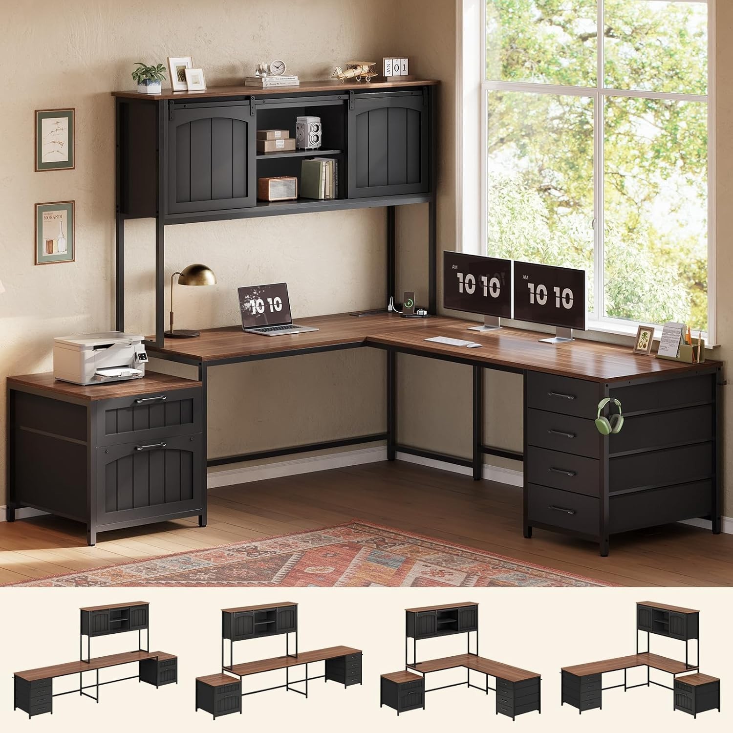 Farmhouse L Shaped Computer Desk with 6 Drawers &Hutch,  Reversible Office Desk