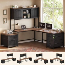 Farmhouse L Shaped Computer Desk with 6 Drawers &Hutch,  Reversible Office Desk