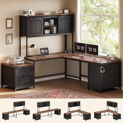 Farmhouse L Shaped Computer Desk with 6 Drawers &Hutch,  Reversible Office Desk