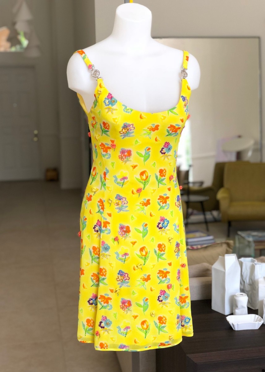 GIANNI VERSACE yellow beaded silk chiffon mini dress size 40 from
