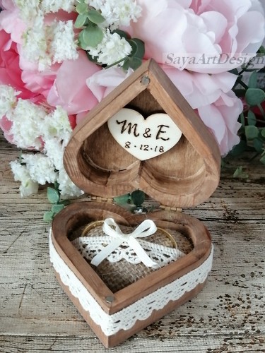 Boîte à Bagues De Mariage, forme Cœur. Bois Porte-Anneaux Rustique Champêtre. - Imagen 7 de 10