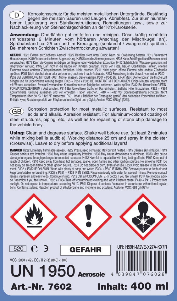 400 ml Aluminium Spray Aluspray Auspufflack silber hitzebeständig bis 600 °C - Bild 2 von 3