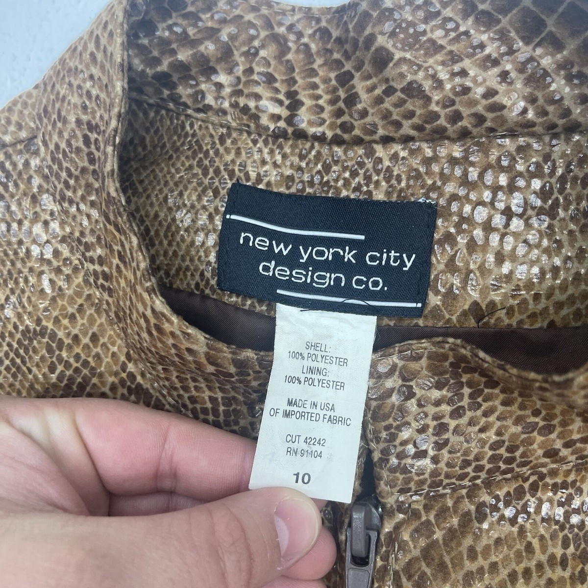 New York City Design Co Brown Snake Skin Zip Up Jacket Women's
