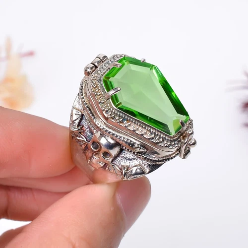 Coffin Poison Ring, Green Amethyst Gemstone 925 Silver Handmade Poison Ring,
