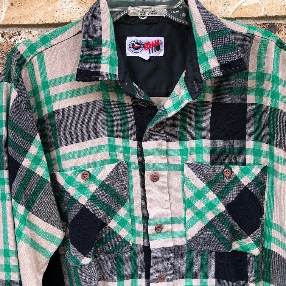 Arrow Sport Acrylic Flannel Shirt Mens XL Long Sleeve Korea Green Black Vintage - Image 3 of 4