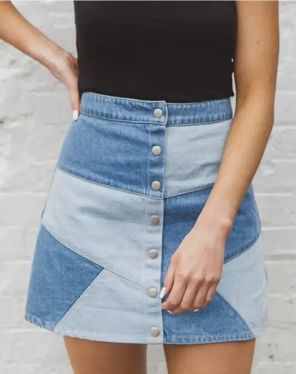 NWT 70s Inspired Patchwork Denim Skirt High Rise Size L by