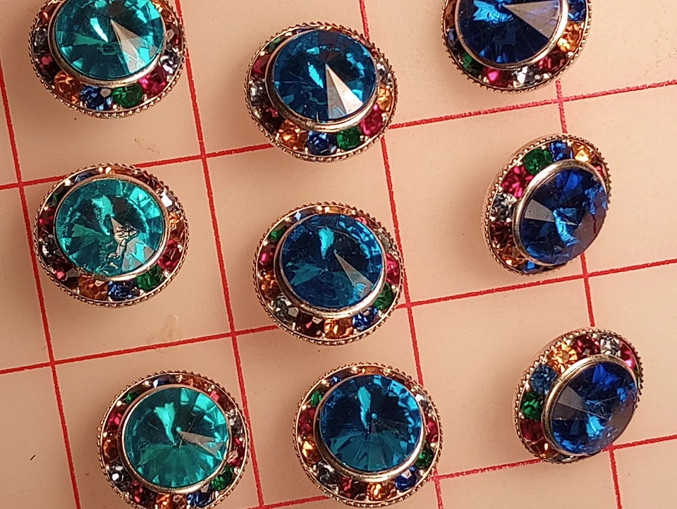 5 Multi Colored Rainbow Rhinestone Shank Buttons Royal Blue Acrylic 7/8" 22mm - Image 4 of 4