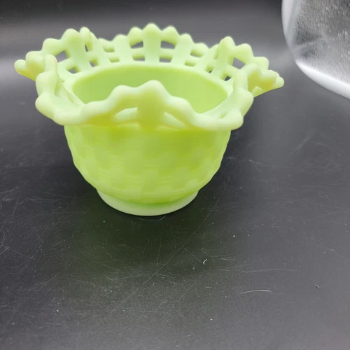 Fenton Basket Weave Ruffled Rim Green Satin Custard Glass Glows 3.5"×5.5"