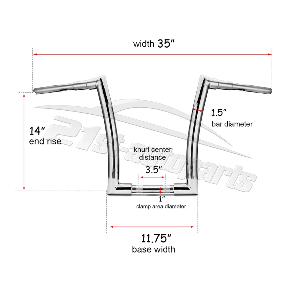 14" Horn Ape Hanger 1.5" Fat Bar Handlebar For Harley Dyna Softail Road King XL - Imagem 3 de 4