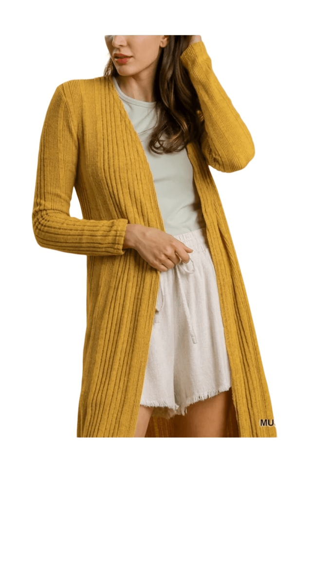 Umgee Mustard Yellow Ribbed Knit Open Long Cardigan Duster size S