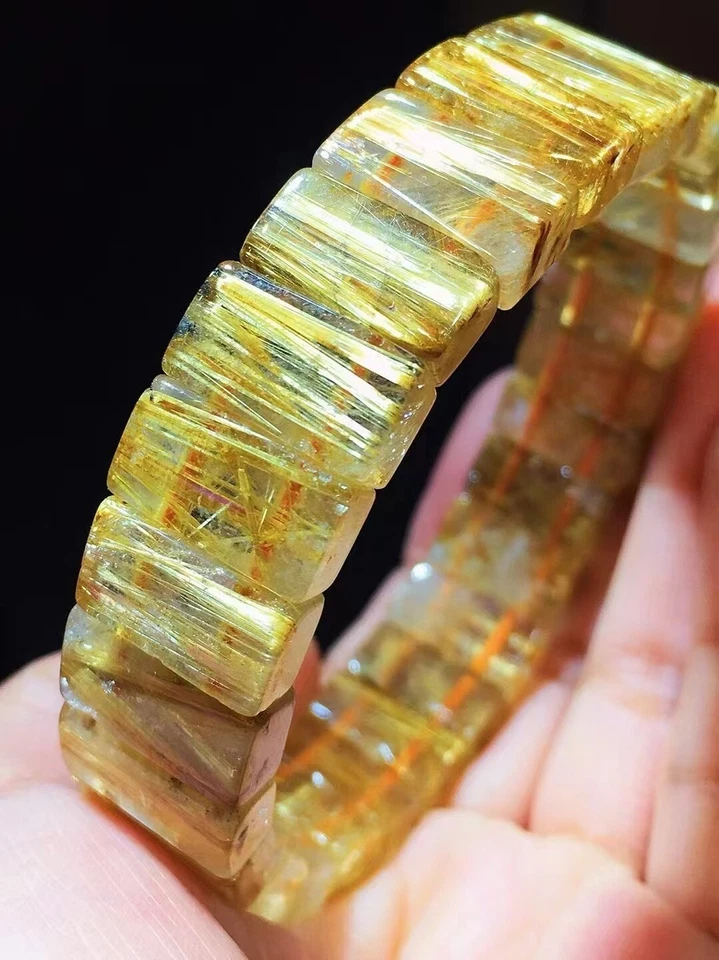 Brazalete de cuentas rectangulares de cuarzo de titanio rutilado oro natural 15x8,5 mm AAAA Foto 2 de 4