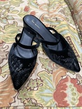 Tory Burch velvet embroidery Black Flats Open Back Size 8 New