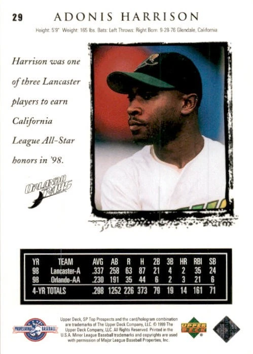1999 SP Top Prospects Adonis Harrison #29 Orlando Rays - Image 2 of 2