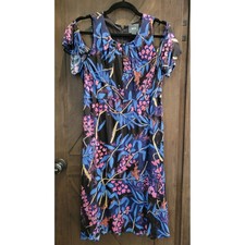 Maeve Anthropologie Floral Cold Shoulder Midi Dress Blue Pink Tropical Size 8