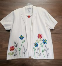VTG Alfred Dunner White Cardigan L Cottage Granny Embroidered Flowers Sweater