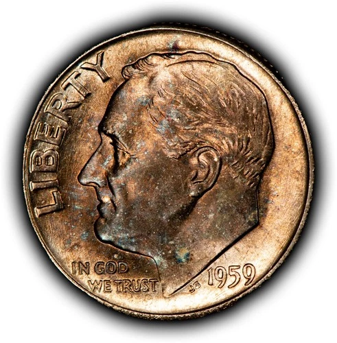 1959 10c Silver Roosevelt Dime - Colorful Toning - BU - SKU-Z6364