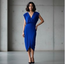 Alexander McQueen Royal Blue Plunge V-Neck Midi Shirred Cocktail Dress Medium