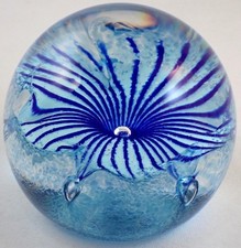 CAITHNESS GLASS PAPERWEIGHT SKY BLUE PETUNIAS COLIN TERRIS SCOTLAND 1998