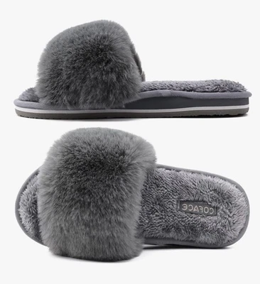 Coface Women's Fur Slippers with Arch Support, grey Size 6.5 - RRP £22.99