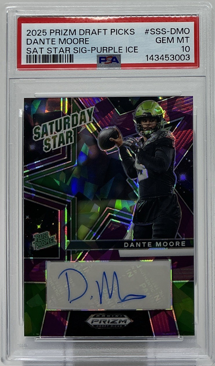 Dante Moore Rookie Auto PSA 10- 2025 Panini Prizm DP ‘Saturday Star’ Purple /199
