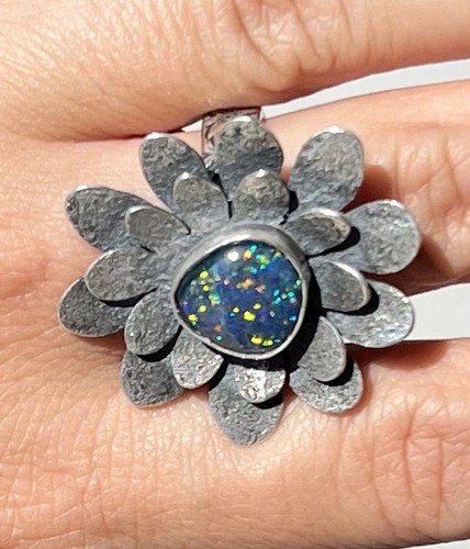 Blue Green Idaho Large Opal Sterling Silver Flower Power Hippie Ring. Size 7. - Picture 14 of 14