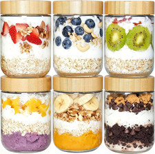 Glass Overnight Oats Containers with Bamboo Lids 6 Pack 16oz