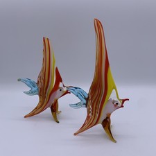 2 Handblown Red and Yellow Striped Art Stretch Glass Angel Fish READ 1 damaged
