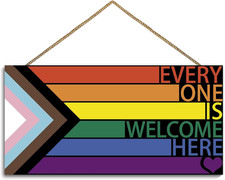 LGBT Rainbow Sign Front Door Decor, Every One Is Welcome Here Pride Flag Wooden