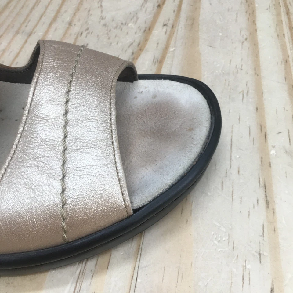 Mephisto 凉鞋女式 36 美孚鞋拖鞋金色皮革懒人露趾楔形鞋跟 — 第 3/4 张图片