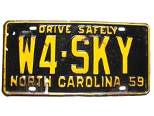 1959 NORTH CAROLINA NC LICENSE PLATE TAG, "W4-SKY", ORIGINAL, VINTAGE, NICE