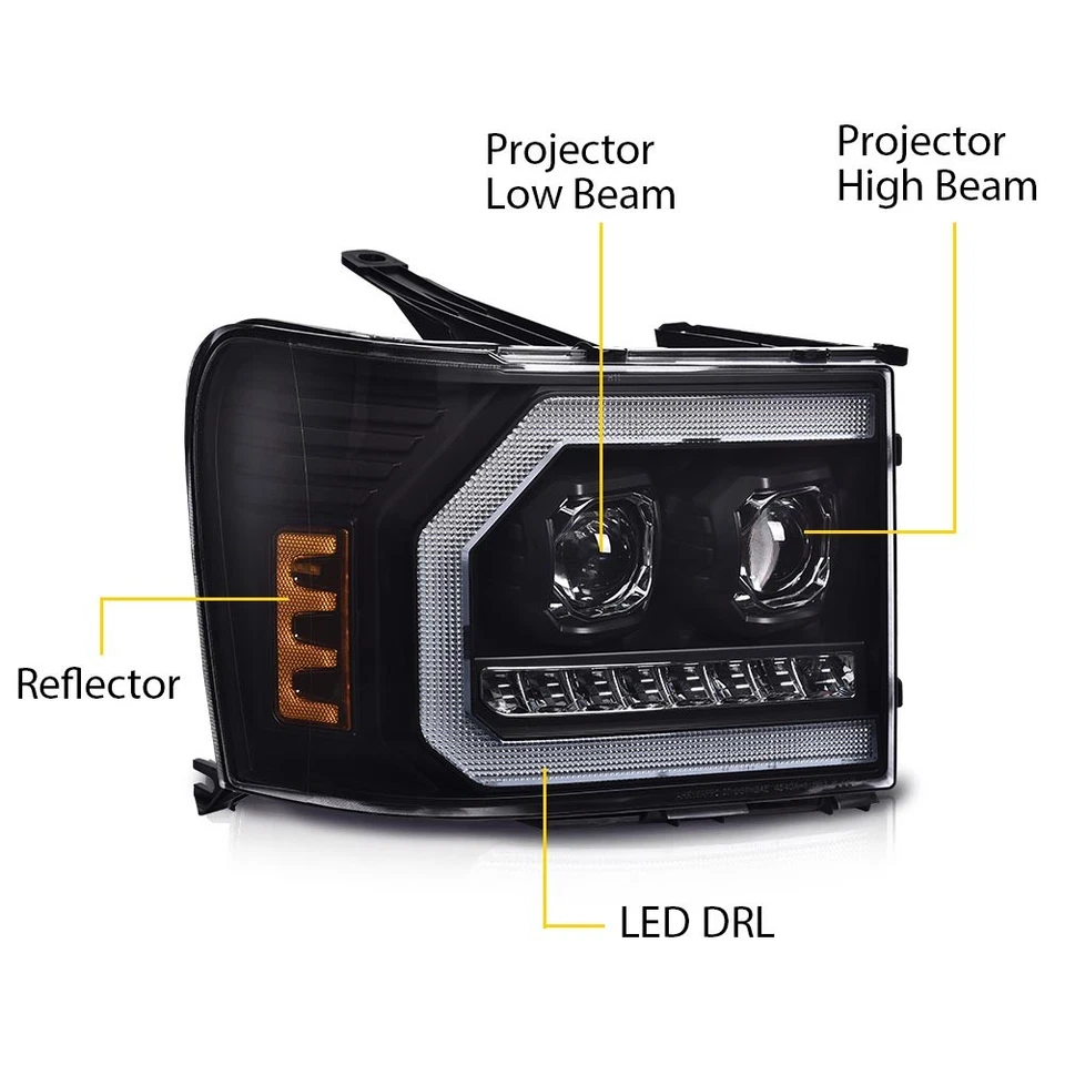 LED DRL Tube Projector Headlight Fit For 2007-2013 GMC Sierra 1500 2500HD 3500HD - Image 2 of 4