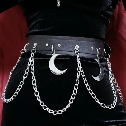 Gothic Women Waist Belt Moon Star Pendant Chain Punk PU Leather Belt Waistband - Picture 6 of 39
