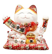 Chinese Lucky Cat -Chinese Ceramic Waving Arm Fortune Cat, Maneki Neko Japane...