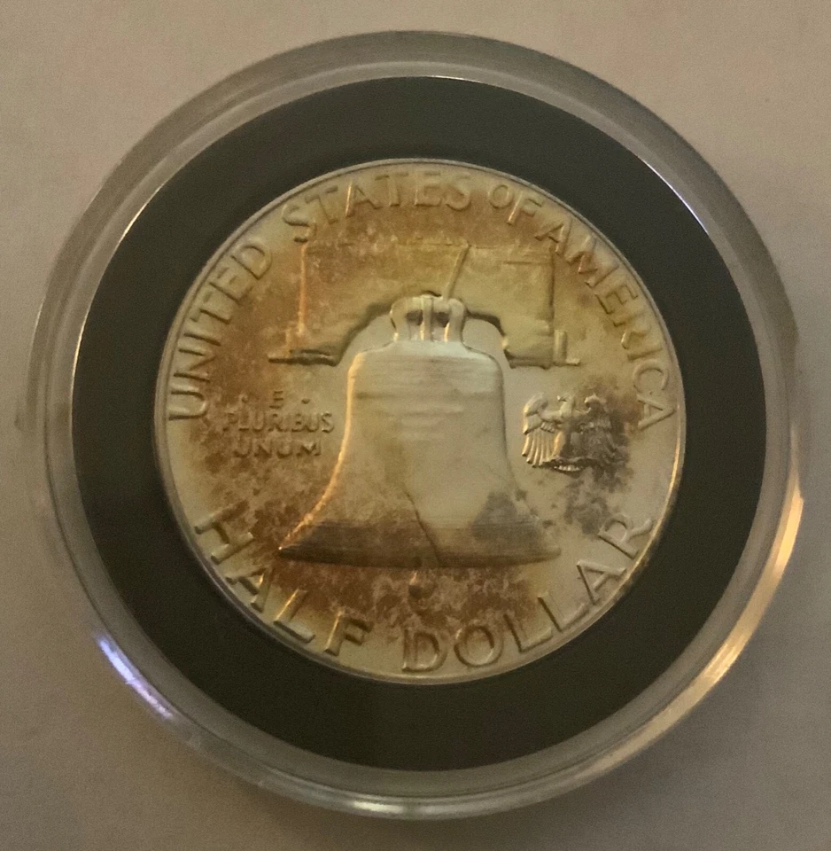 1962 FRANKLIN HALF SILVER DOLLAR BU PR GOLD/BLUE/PURPLE TONED - Image 4 of 4