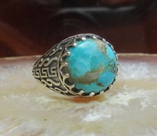 Anello Turchese Turchese Rame Motivi Orientali Argento Sterling 925 Gr 17,2