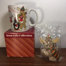 Avon Gift Collection Christmas Cheer Mug With Reindeer Ornament 1987 Korea NOB