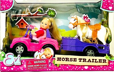 Simba Toys Evi Love 4 3/4'' Doll With Pink Jeep Horse & Trailer Age 3 Years & Up