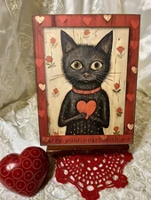 Valentine Cat Heart Primitive Rustic Folk Art Print, Artis Canvas Board Sign
