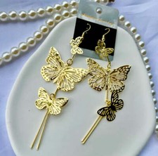 Pierced 4 1/4" Xlong gold dangle double butterfly earrings