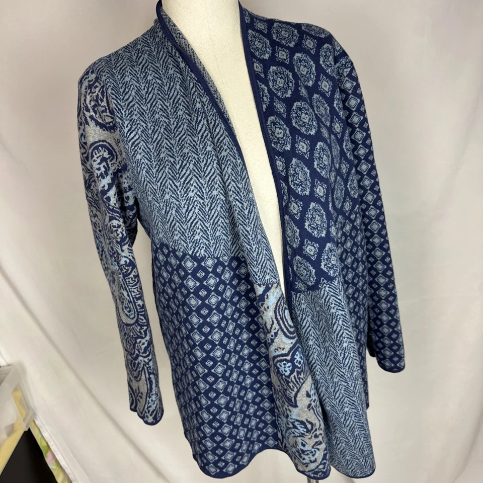 J Jill Paisley LARGE Patchwork 100% Cotton Blue Cardigan Light Sweater Jacket - Image 2 of 4