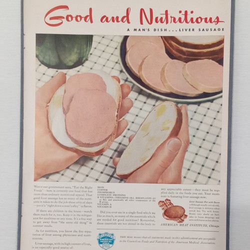 AMERICA'S MEAT INSTITUTE 1942 Print Ad A Man's Dish ... Liver Sausage 14 x 10" - Picture 2 of 3