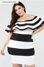 NWT Fashion Nova Plus Size Pia Off Shoulder Stripe Dress - Black/White