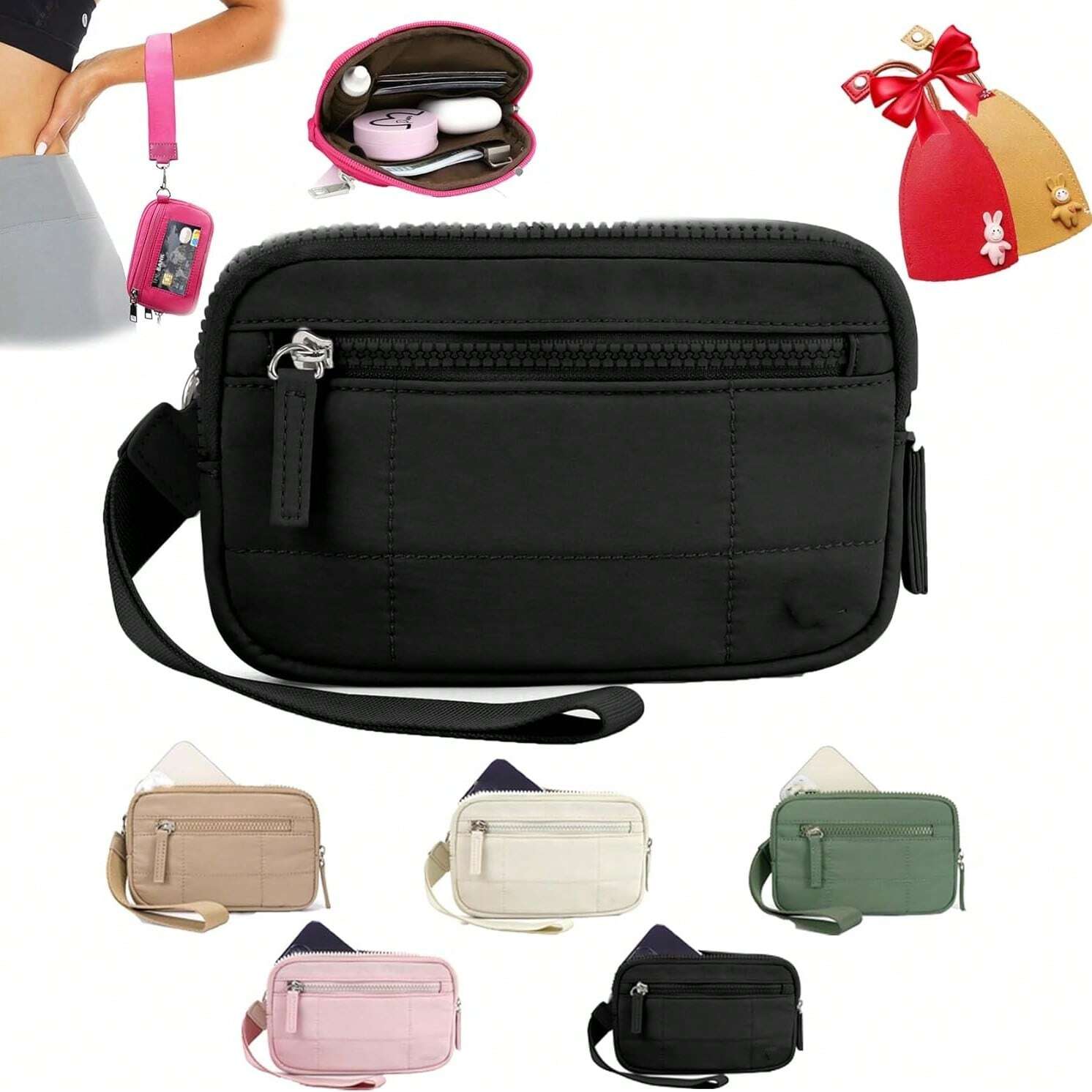 1 PCS Nylon Wristlet Wallet with 2 Key Cases & 3 Zippers for Travel