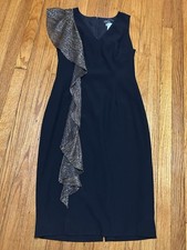 Tahari Women's Size 6 Gold Metallic-Ruffle Sheath Dress Black New with Tags