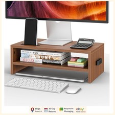 Wooden Monitor Stand Riser with 2-Tier Storage Organizer and Cable Management