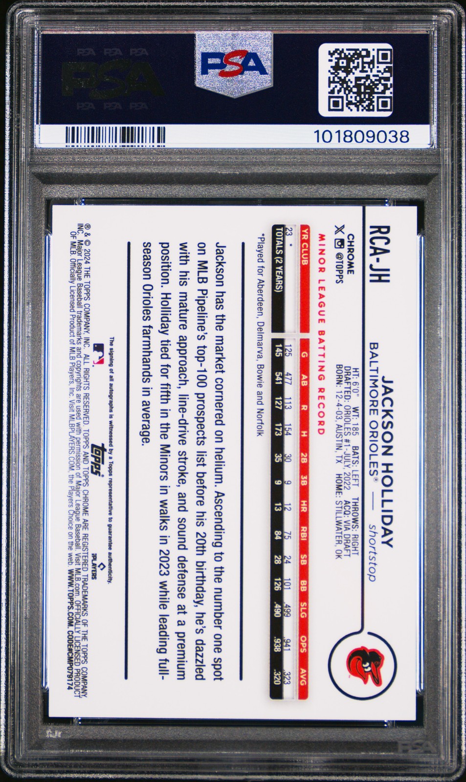 2024 TOPPS CHROME LOGOFRACTOR GREEN #RCAJH JACKSON HOLLIDAY ROOKIE RC /99 PSA 10 view 2