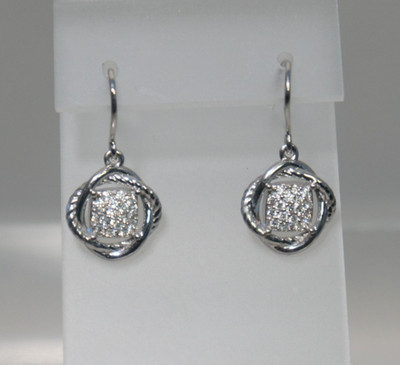 David Yurman 925 Silver Diamond Pave' Infinity Wire Drop Earrings DY Pouch