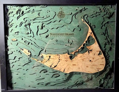 Nantucket Island Massachusetts Wood Carved Topographic ocean Depth Chart / Map
