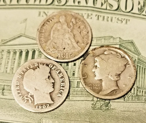 Lot of (3) Three 90% Silver Dimes !875 Seated 1902 S Barber 1917 Mercury